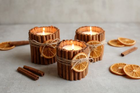 Décorer des bougeoirs avec de la cannelle et des oranges séchées