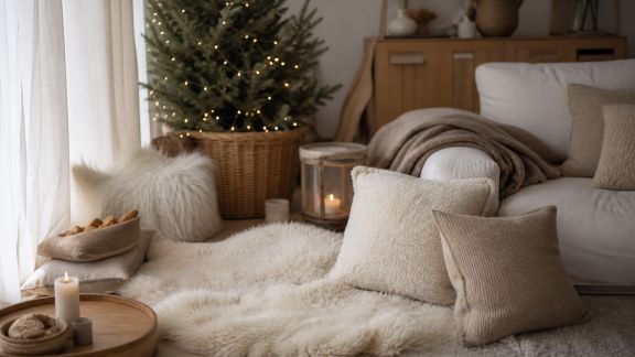 Accentuer l’effet cocooning avec des tapis et coussins pour une déco de fêtes enveloppante